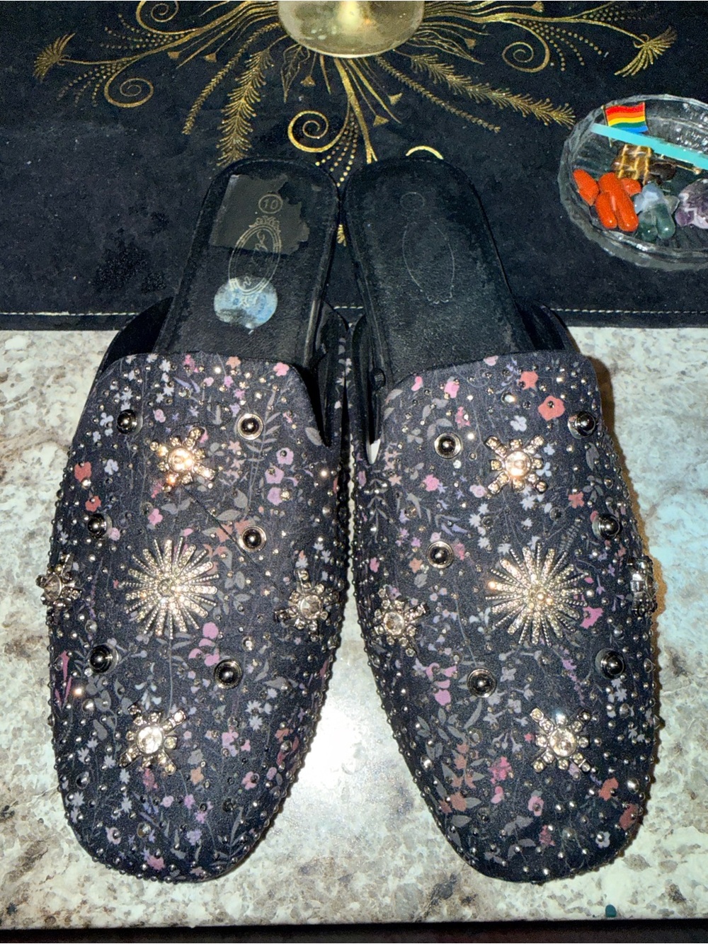 Embellished Black Floral Beaded Mules